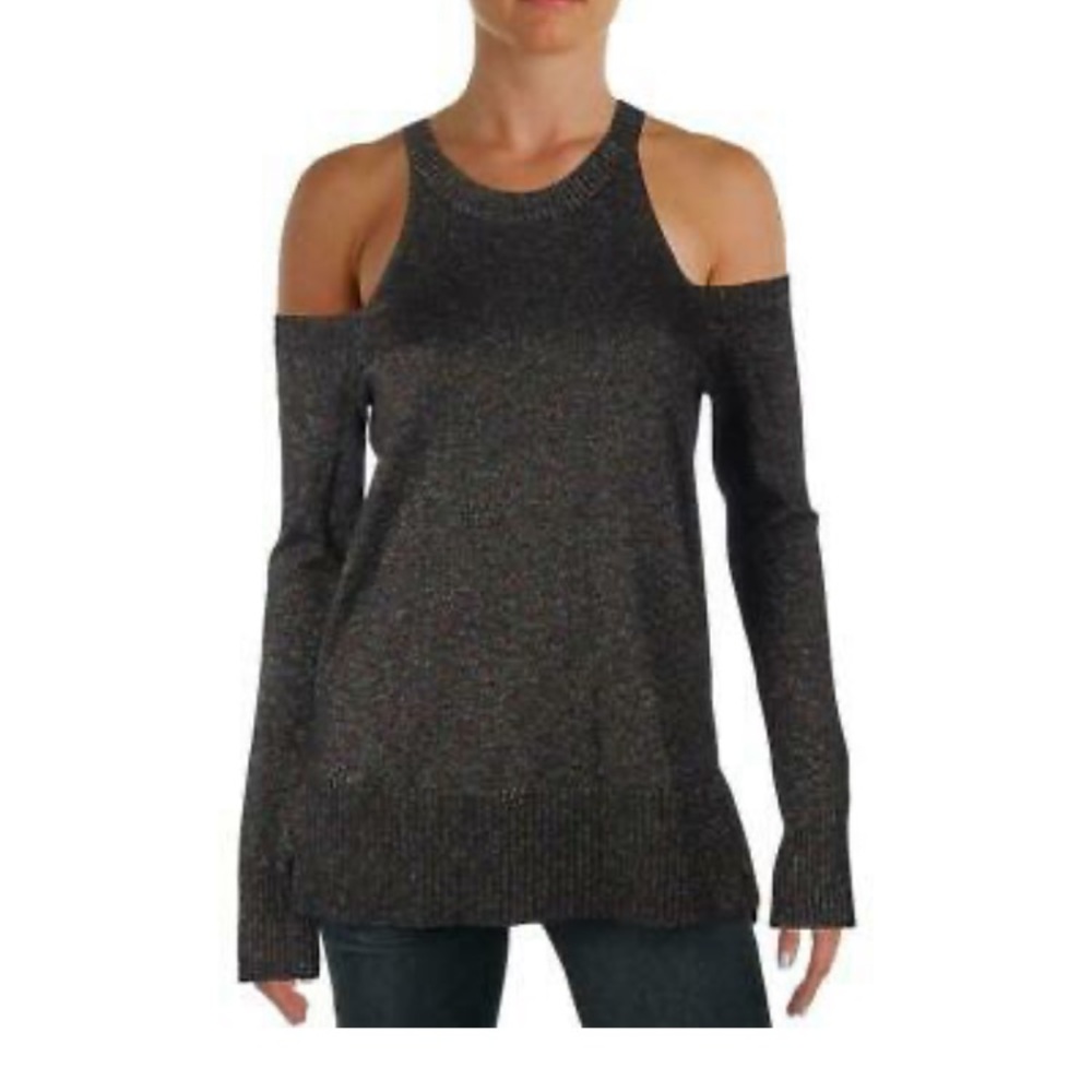 Aqua Black Metallic Cold Shoulder Crewneck Sweater